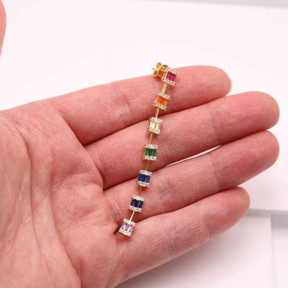 Long Dangle Earrings Sterling Silver Multi color cz - Picture 2 of 9
